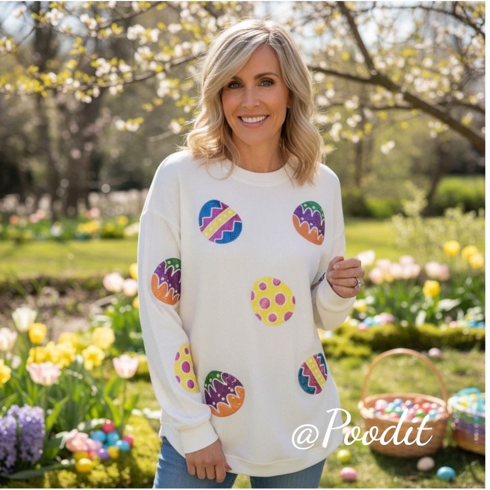 Corded oversized white sequin eggs pull over S M L XL 2XL - Picture 3 of 7